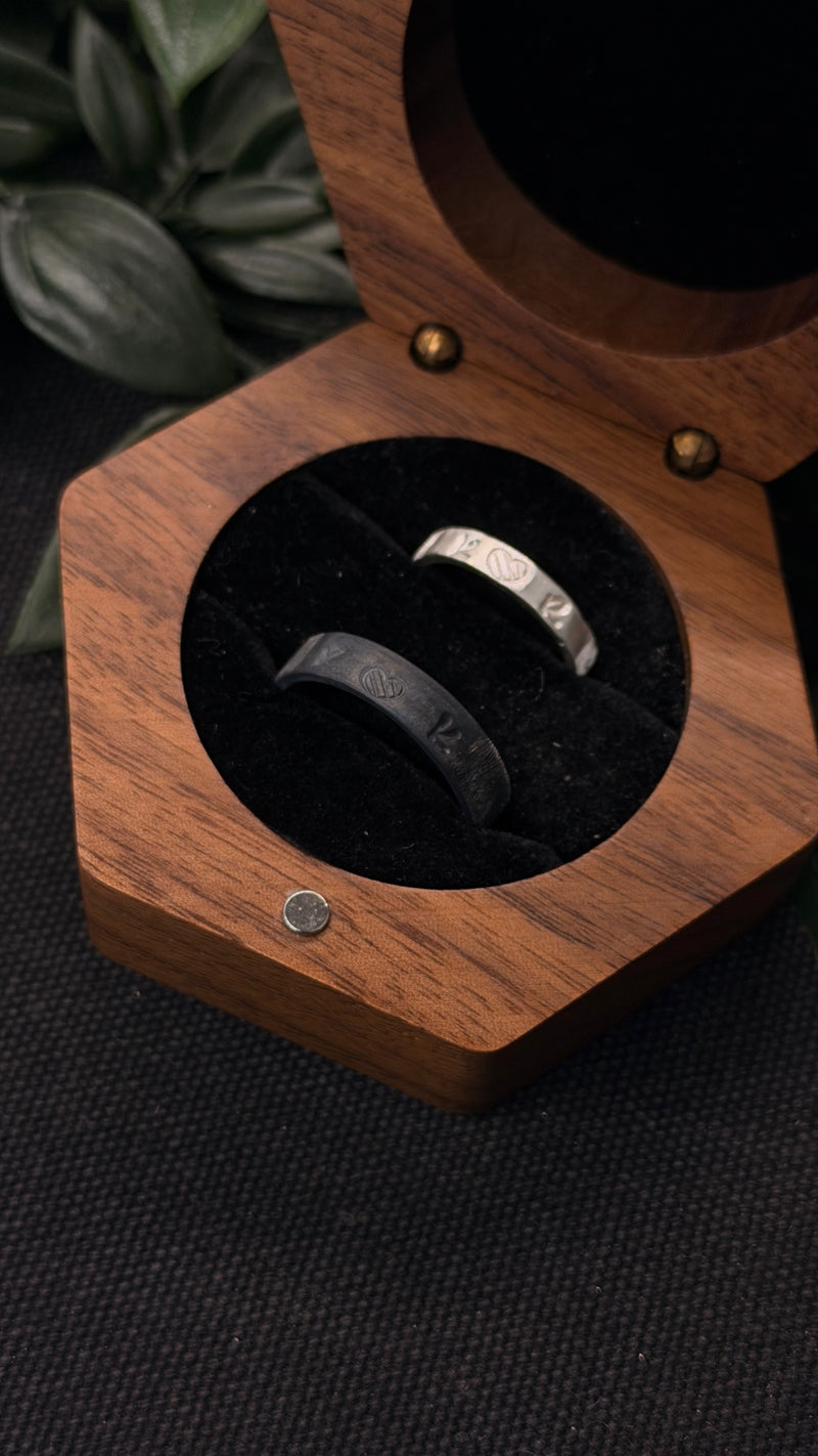 Fingerprint silver rings in a wooden box