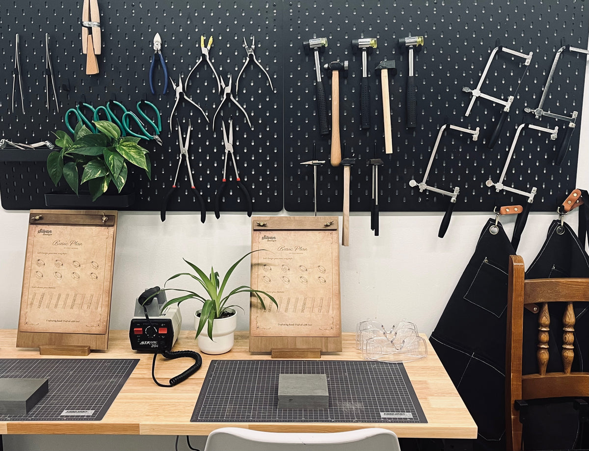 Silvan studio workbench with jewelry-making tools